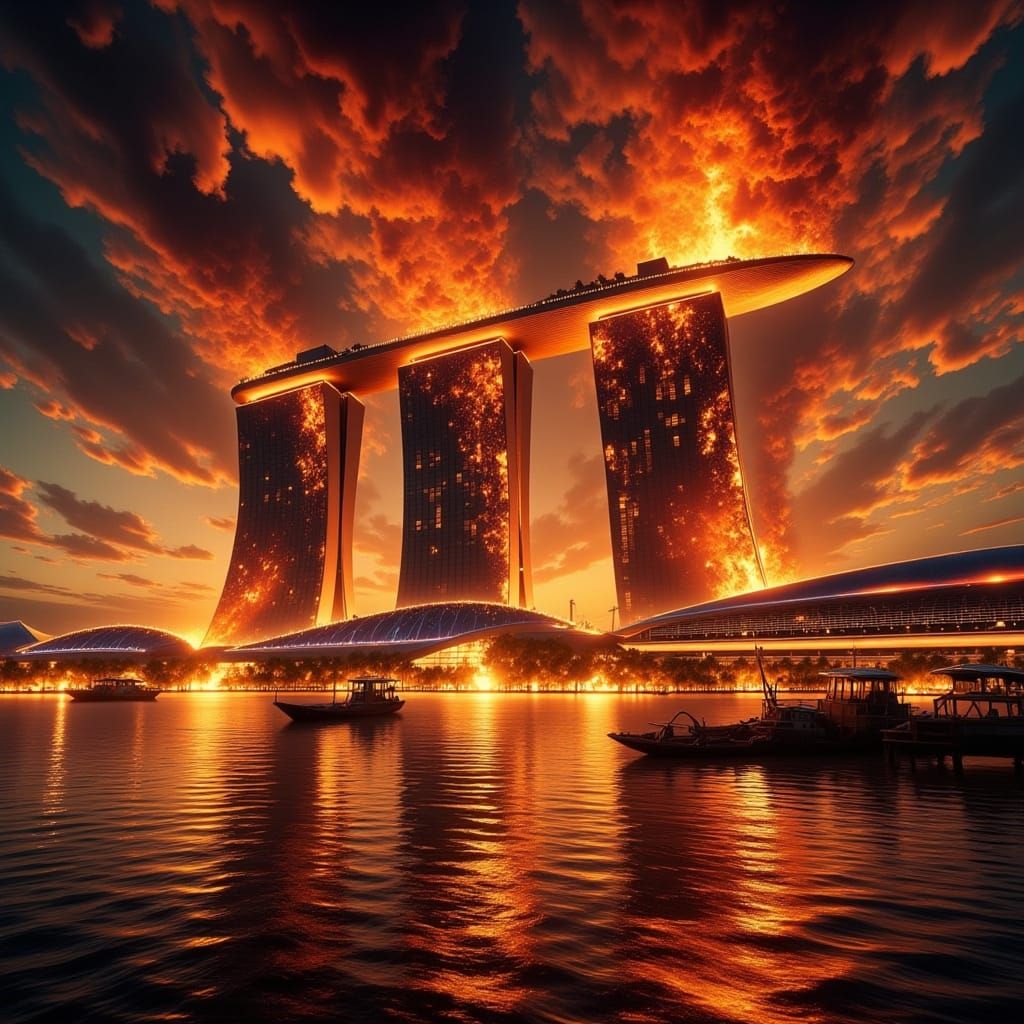 Marina Bay Sands on Fire: Hyperreal Apocalyptic Scene