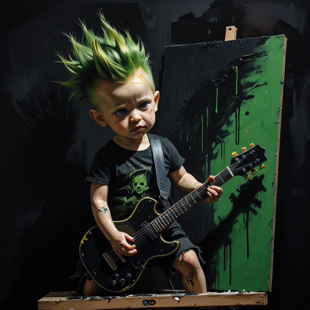 Grunge Punk Baby Guitarist with Bloody Green Mohawk