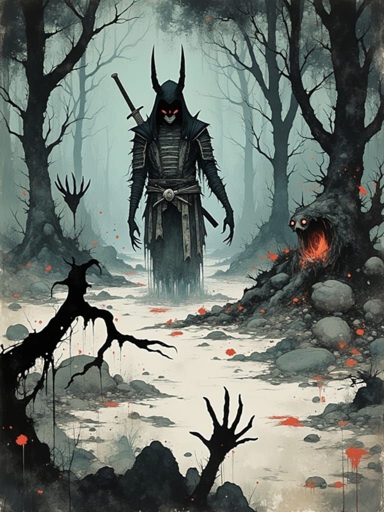 Dark Samurai Demon in a Haunting Feudal Landscape