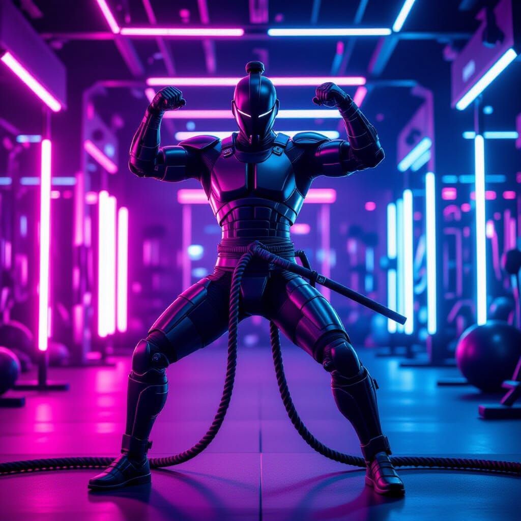 Steel Cable Samurai Flexing in Neon Gym, Cyber-Fusion Art