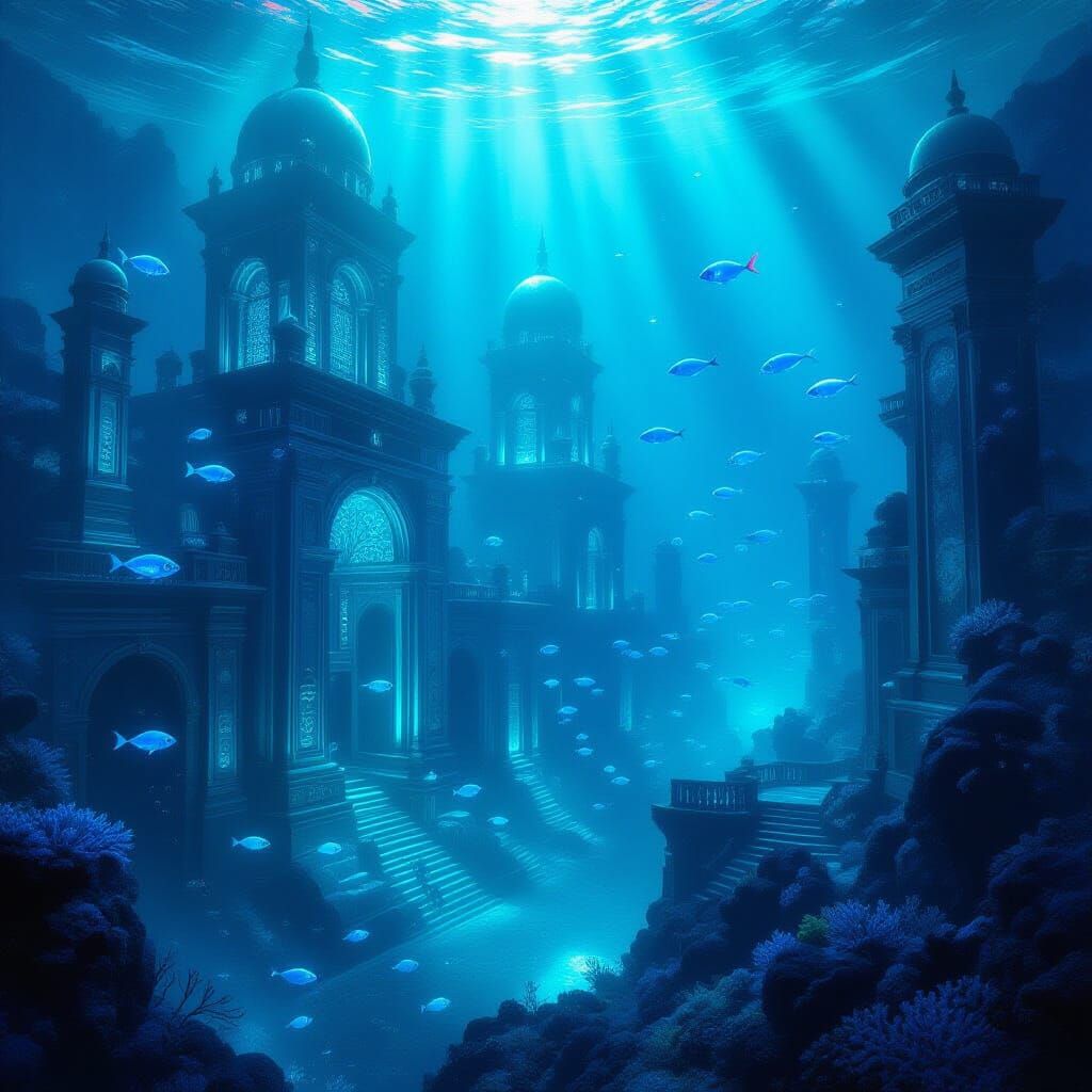 Underwater Metropolis With Phosphorescent Coral And Pearls