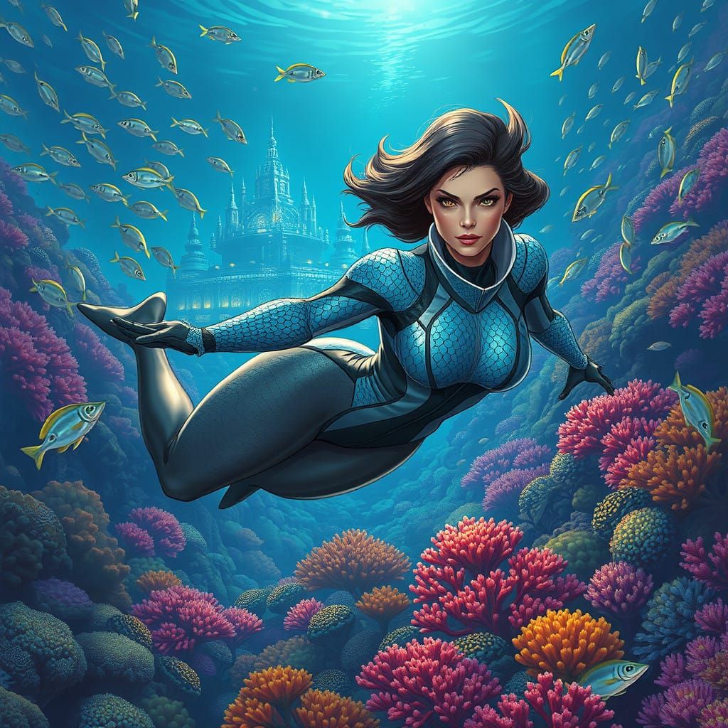 Futuristic Aquatic Superheroine Dives Through Iridescent Wat...