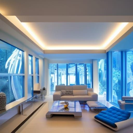 Futuristic Dream House Interior with Aquarium Ceiling