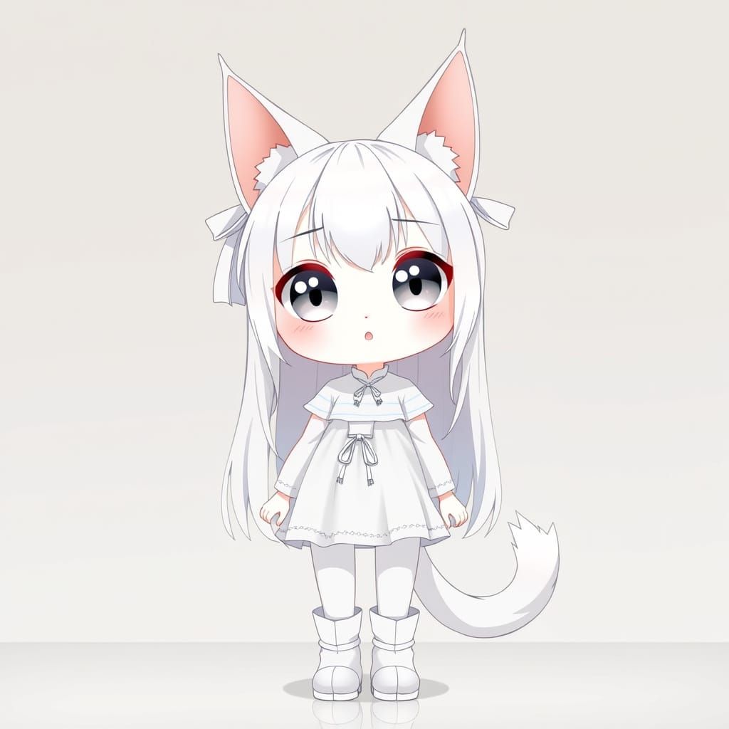 Cute Anime Catgirl in White Traditional Dress