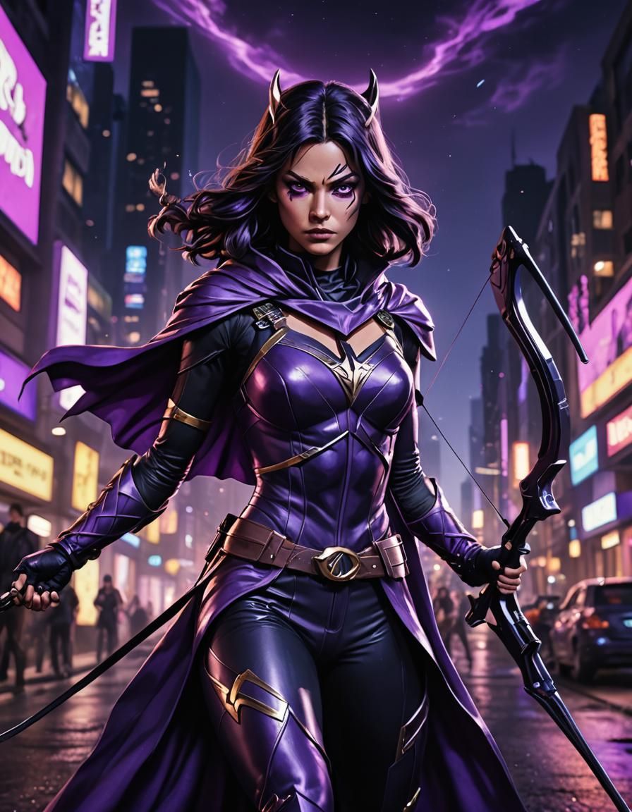 Huntress in Neon Cityscape, Anime-Inspired 3D Art