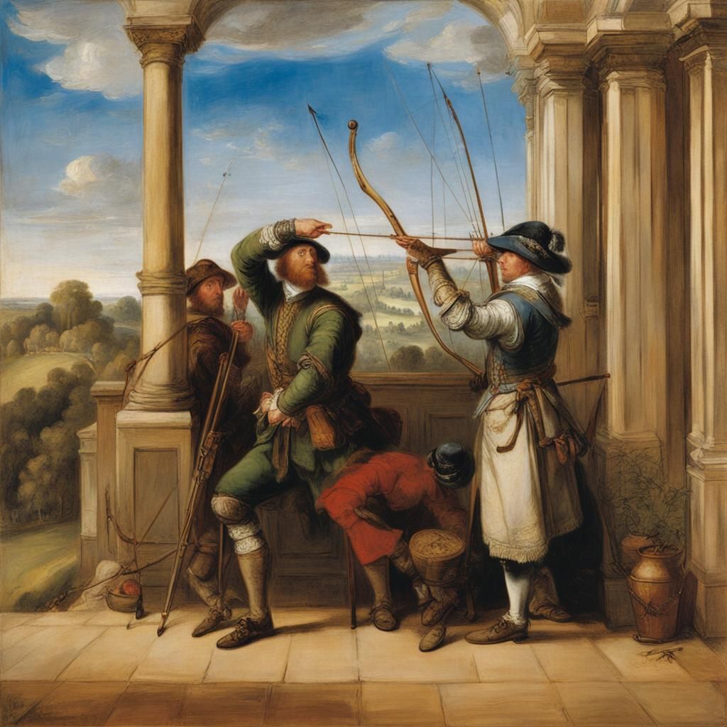 Archers on Balcony in Style of Classical Masters