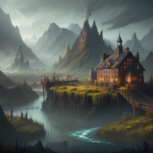 Fantasy Wasteland Landscape with Villages and Forest