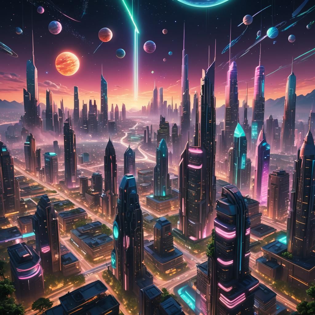Floating City in Space with Neon Lights, Sci-Fi Art