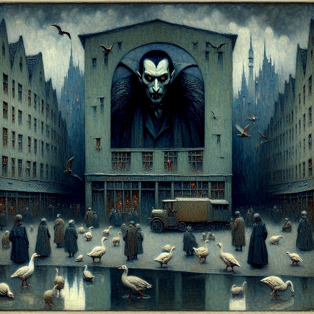 Eerie Nosferatu Figure in Expressionist Horror Scene