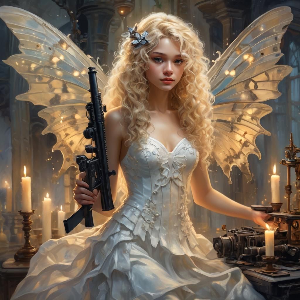 Fairy Loading Machine Gun in Oil Painting Style