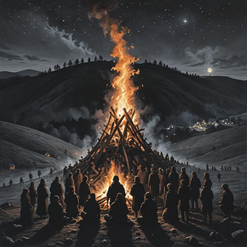 Bonfire Night: Dark Figures Under Starry Sky