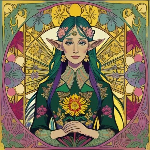Female Elf in Floral Forest Pop Art Style