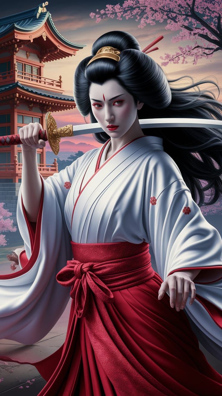 Divine Japanese Goddess Wielding Sword in Shrine