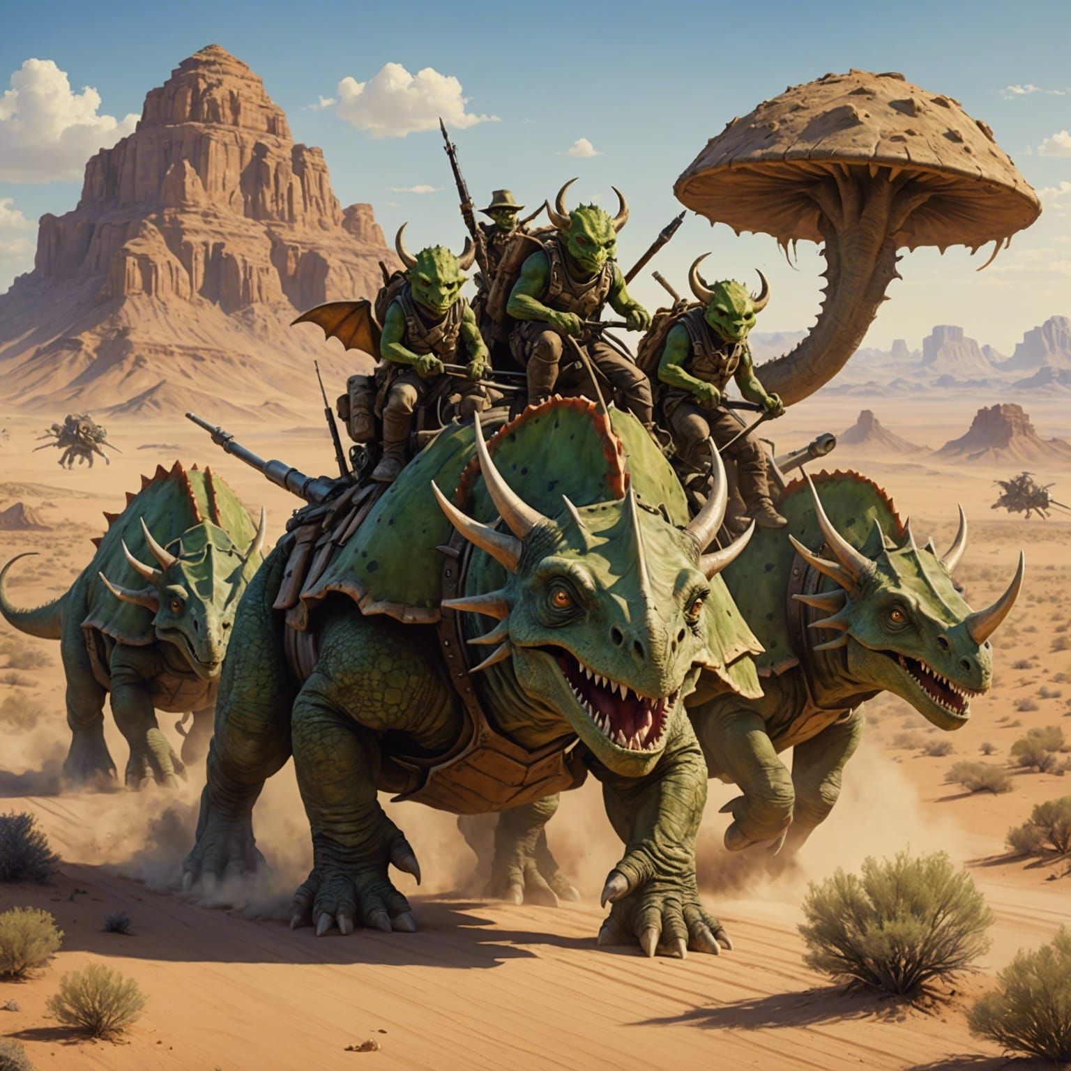 Goblins Ride Armored Triceratops Through Desert Badlands