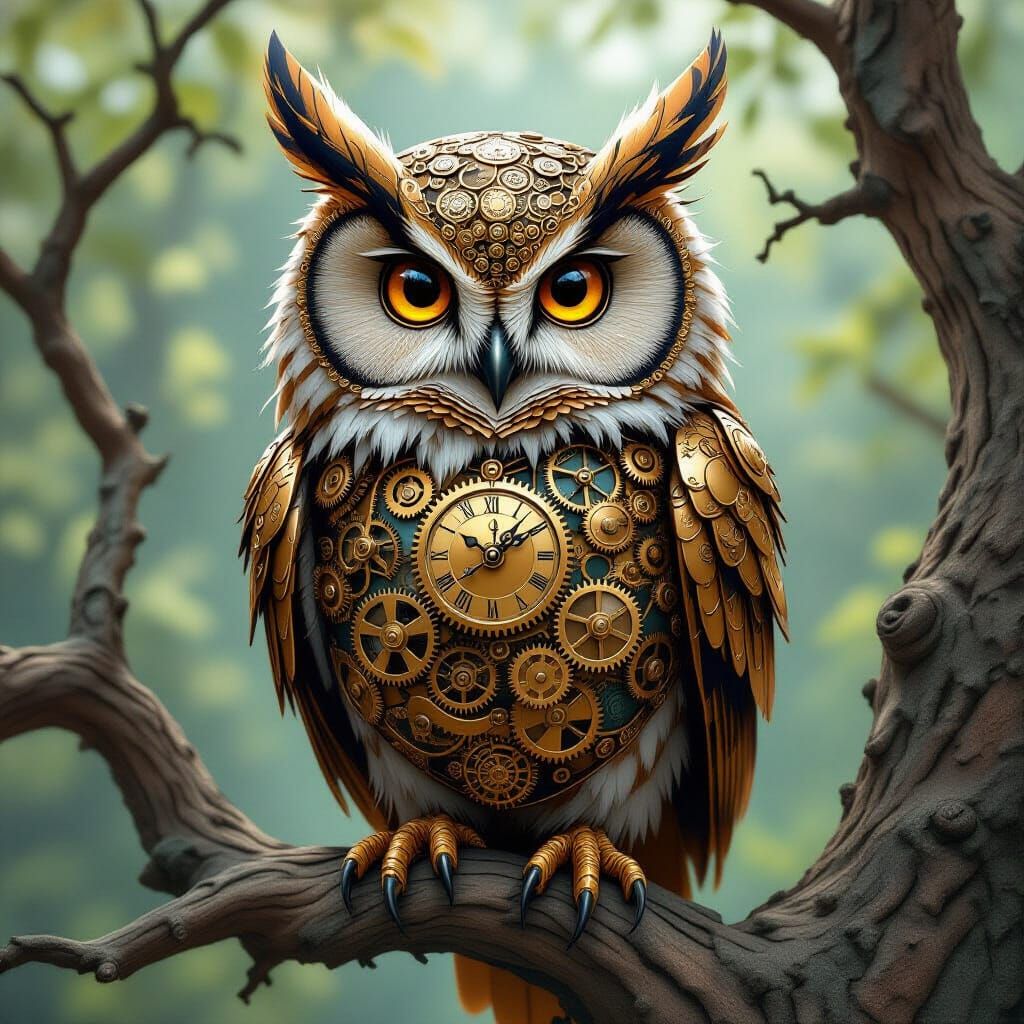 Steampunk Clockwork Owl Perched on Gnarled Branch