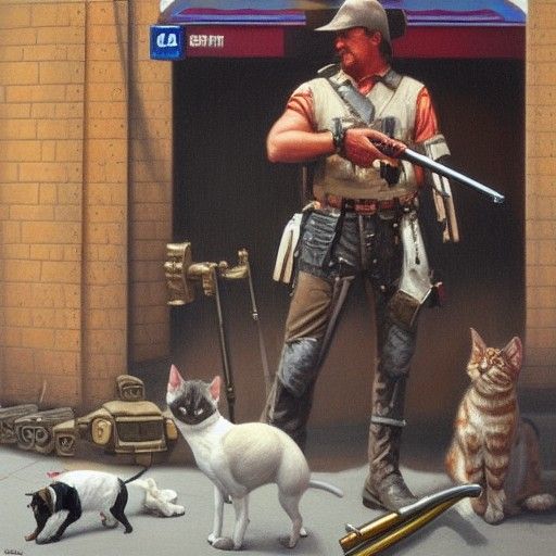 Dog Shooting Gun in City, Oil Painting Style