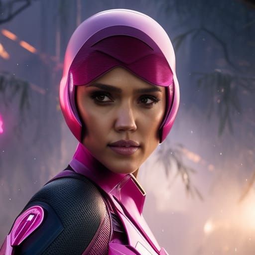 Pink Ranger in Dystopian City, Hyperdetailed Portrait