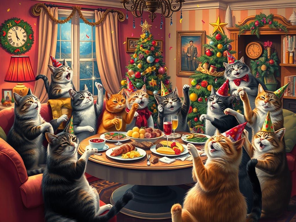 Feline Frenzy in a Whimsical New Year's Eve Party