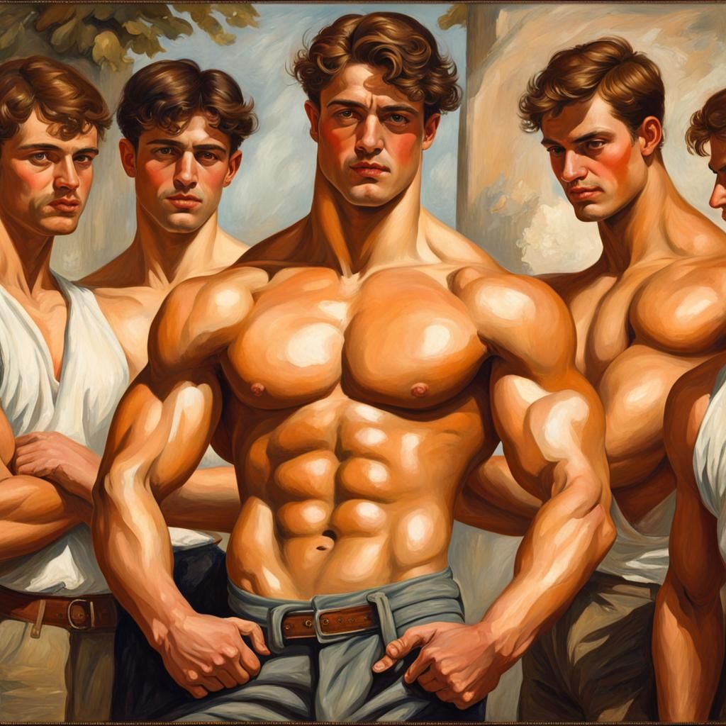 Muscular Man Flexing: Detailed Painting in Classic Style