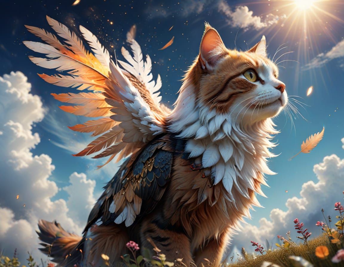 Whimsical Cat Soars on Eagle Feather, Skyward Bound