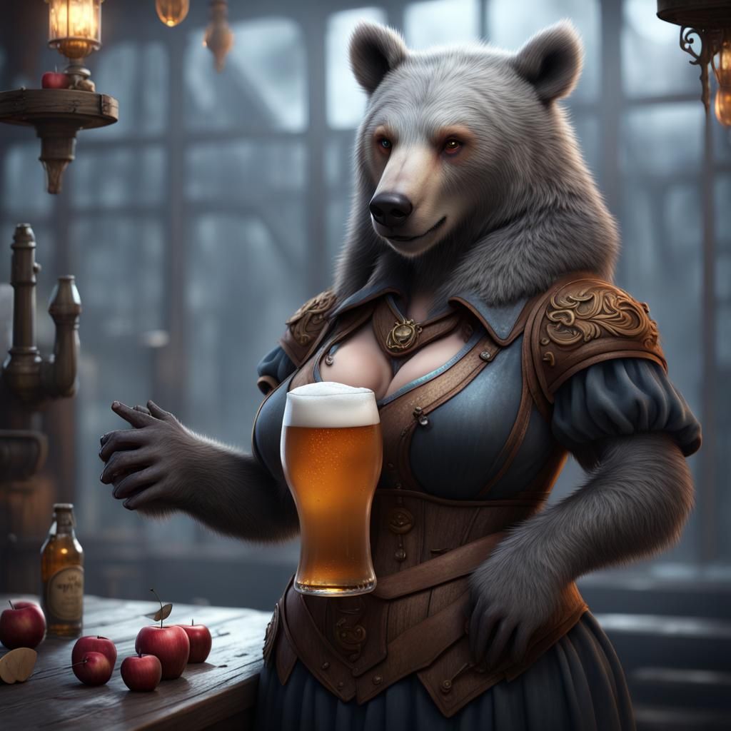 Anthropomorphic Bear Barmaid with Apple Beer, Detailed Fanta...