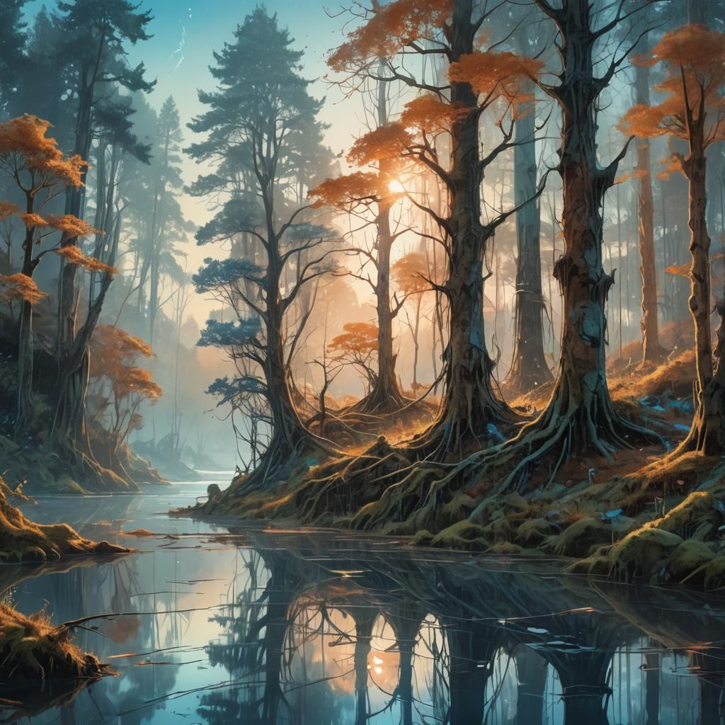 Mystical Forest Lake in Carne Griffiths Style