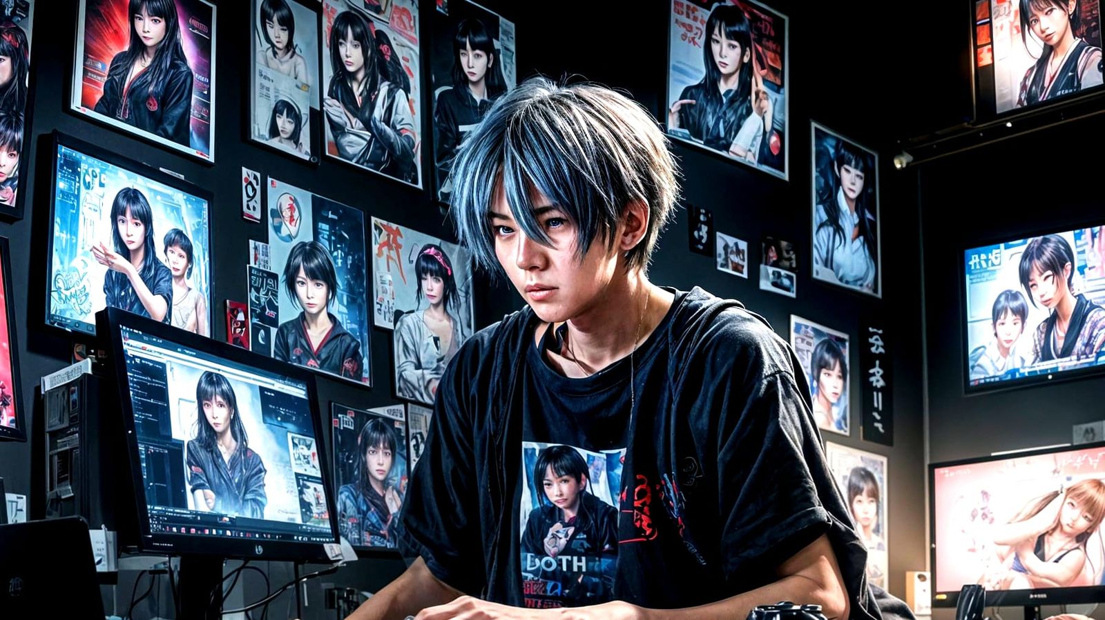 Otaku's Computer Meltdown in Dark Bedroom