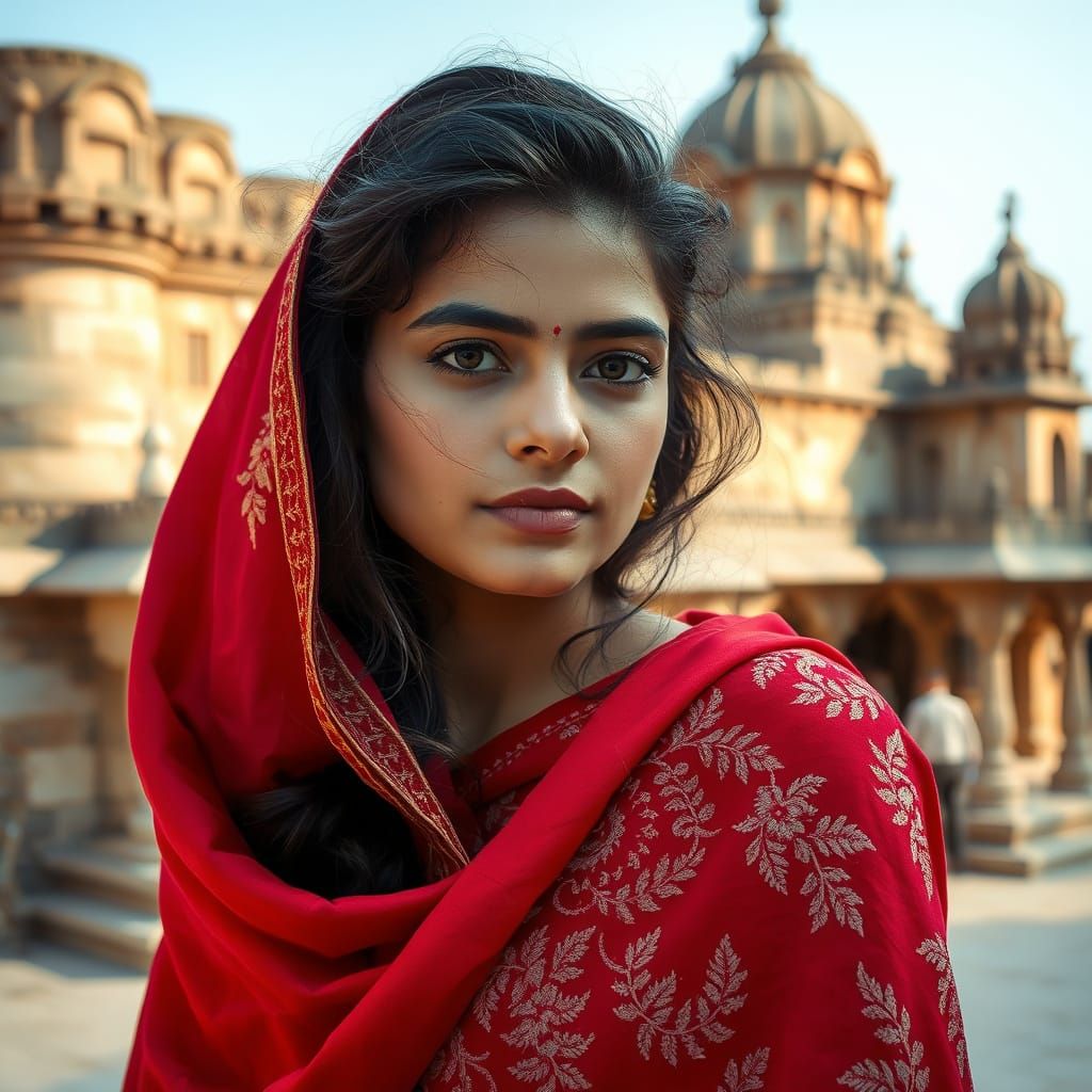 Regal Young Woman in Red Embroidered Sari Within Ancient Sto...