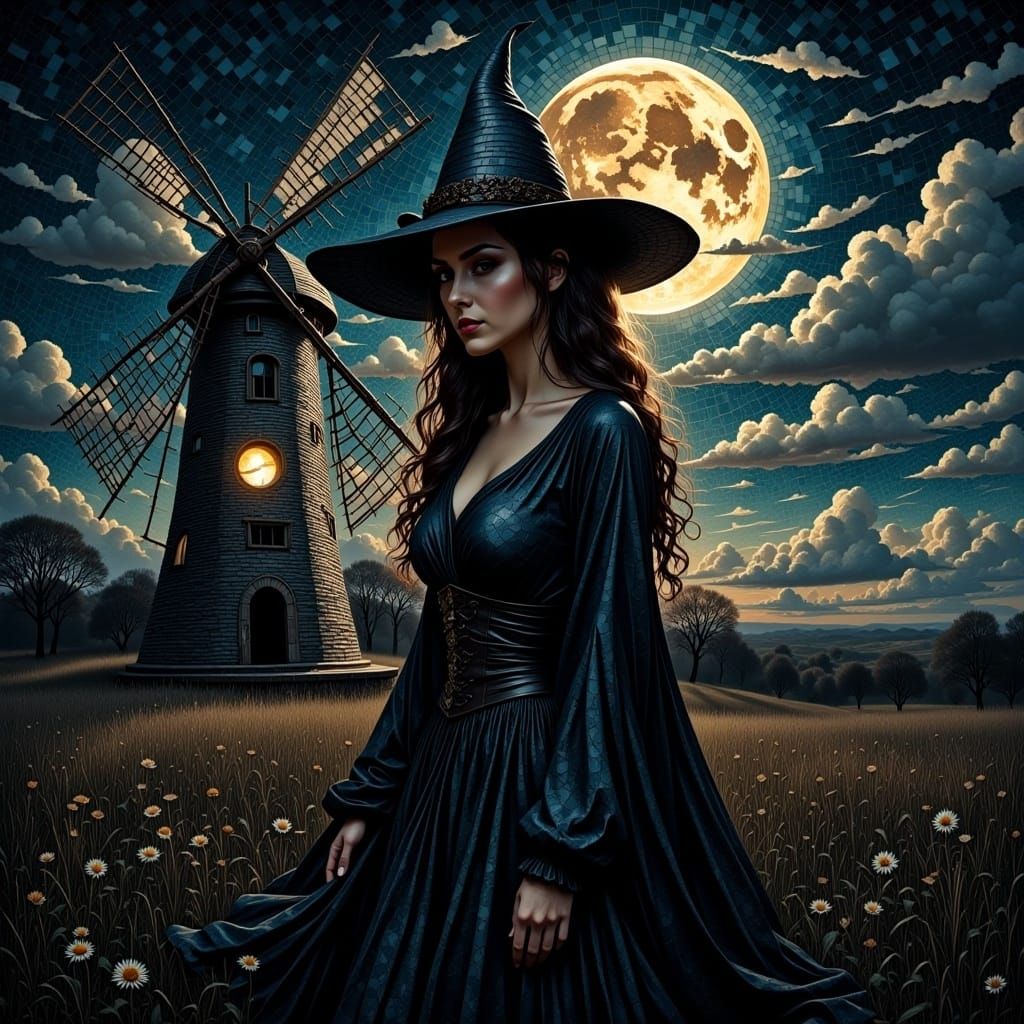 Witch by Windmill Under Tiled Moon