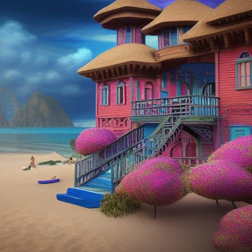 Colorful, Detailed Beach House in Matte Painting Style