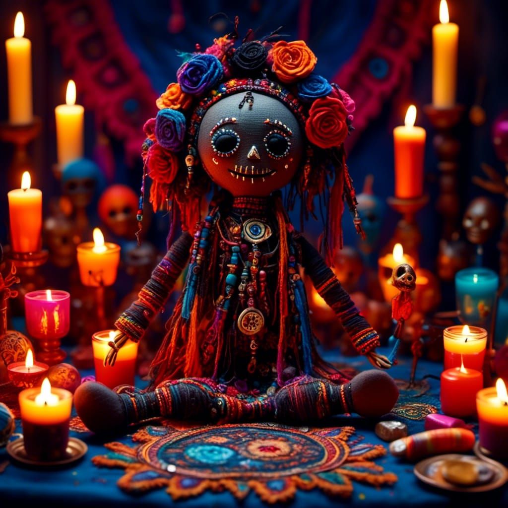 Smiling Voodoo Doll on Ornate Altar