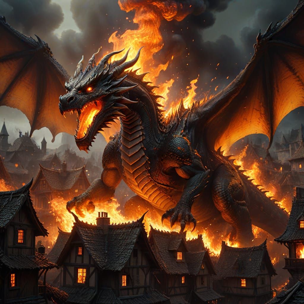 Serpentine Dragon Unleashes Fiery Destruction on Village