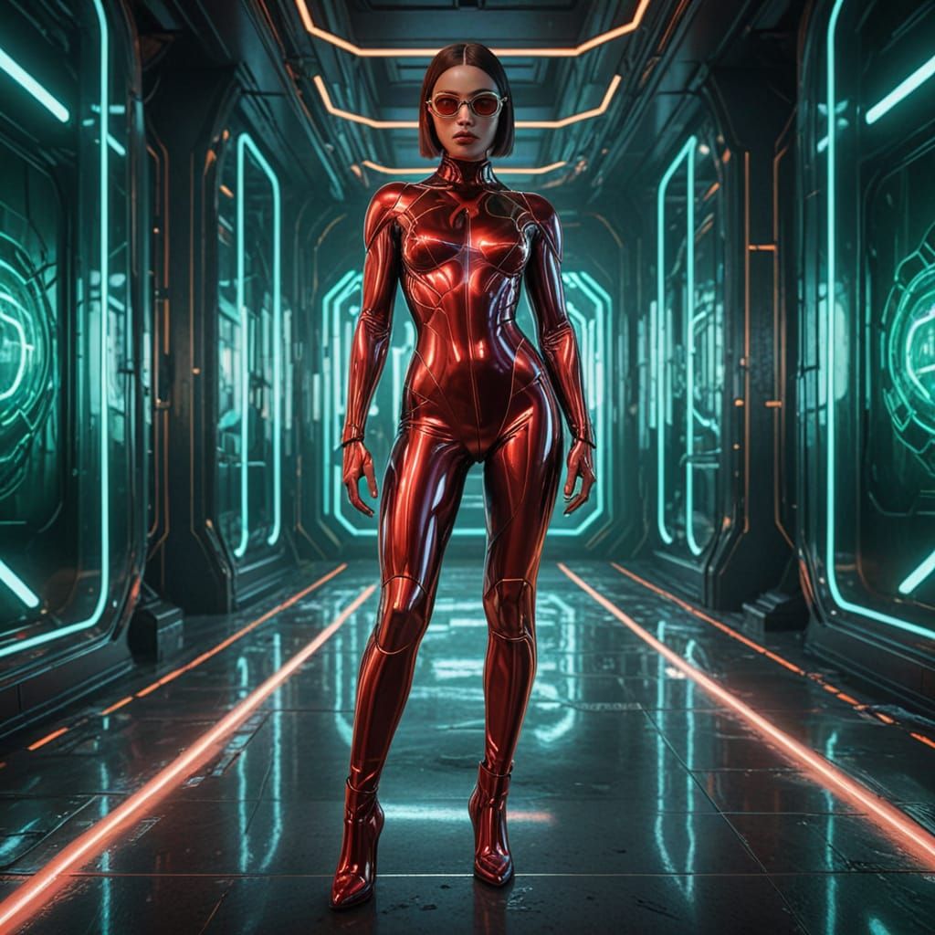 Futuristic Woman in Latex Bodysuit in Metallic Corridor