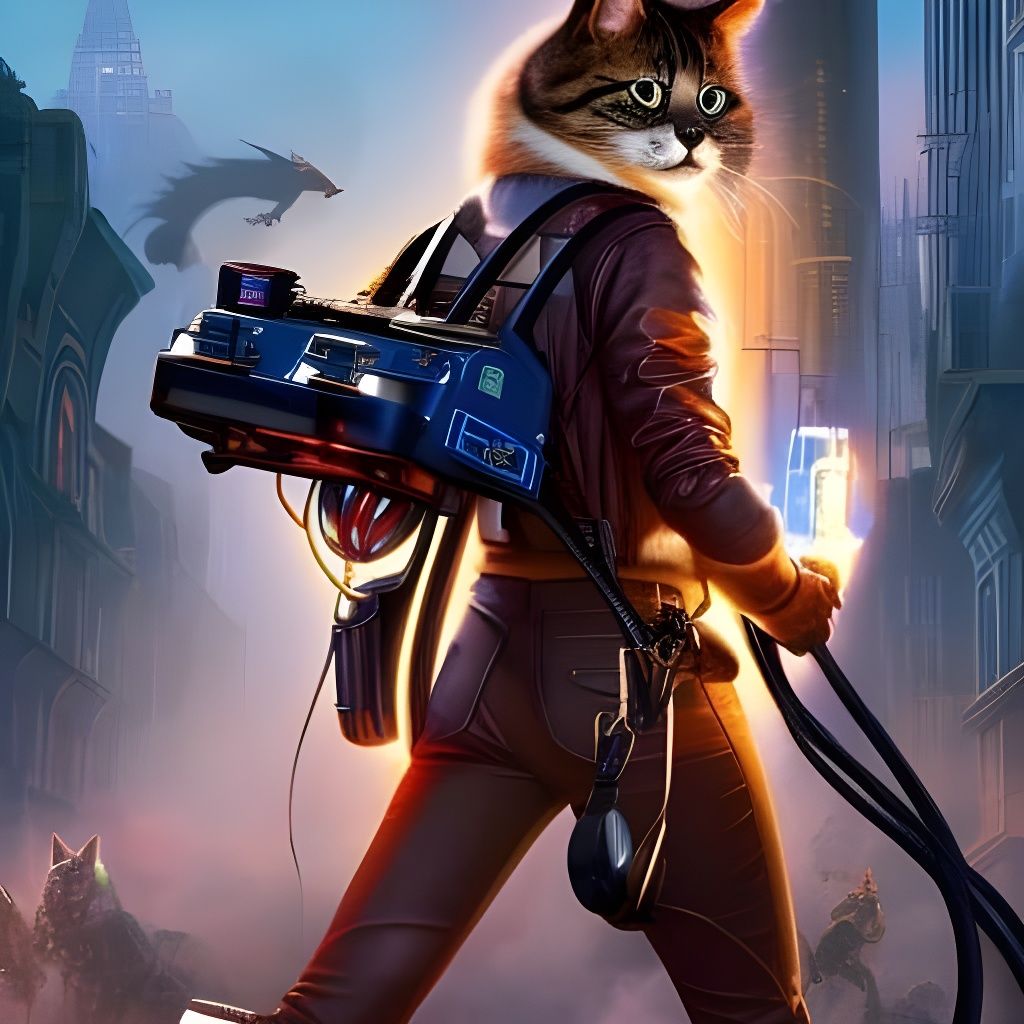 Anthropomorphic Cat Ghostbuster in Comic Book Style