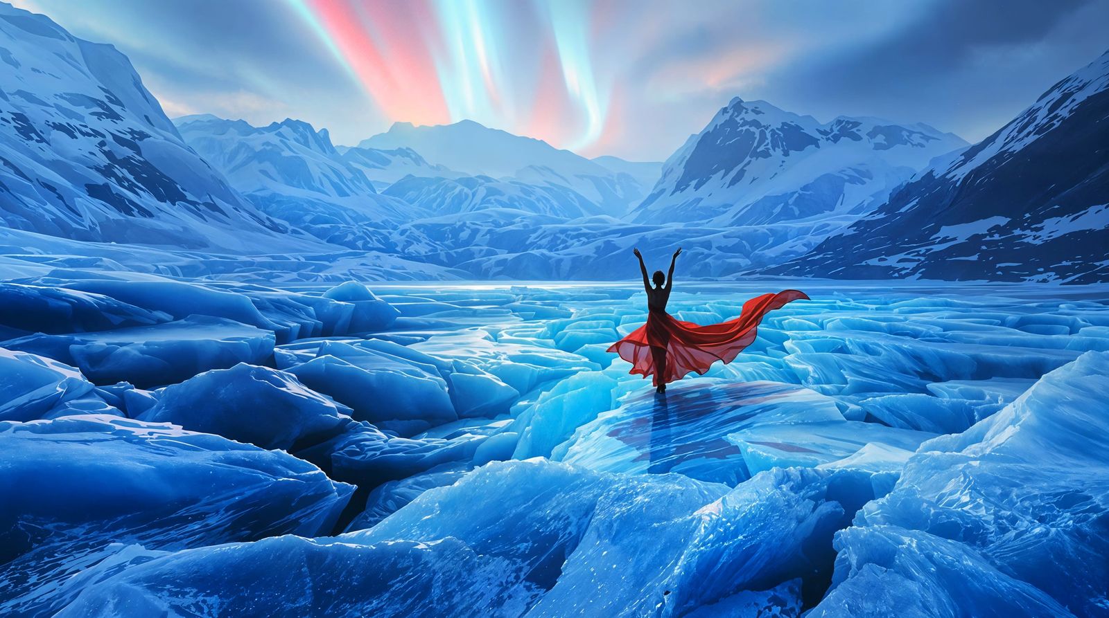 Surreal Dance Upon Majestic Glacier in Sublime Digital Art