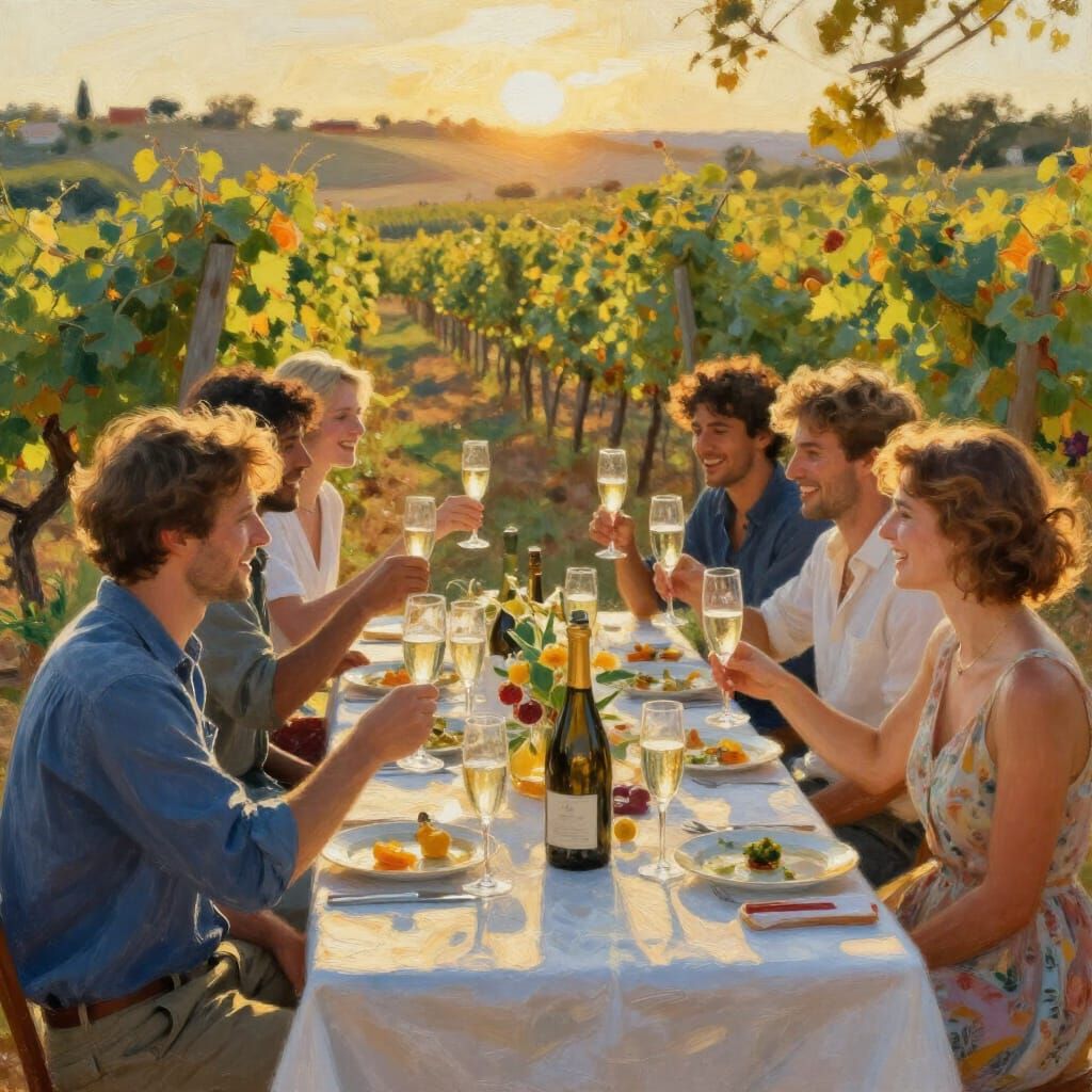 Joyful Vineyard Champagne Dinner in Golden Hour Light