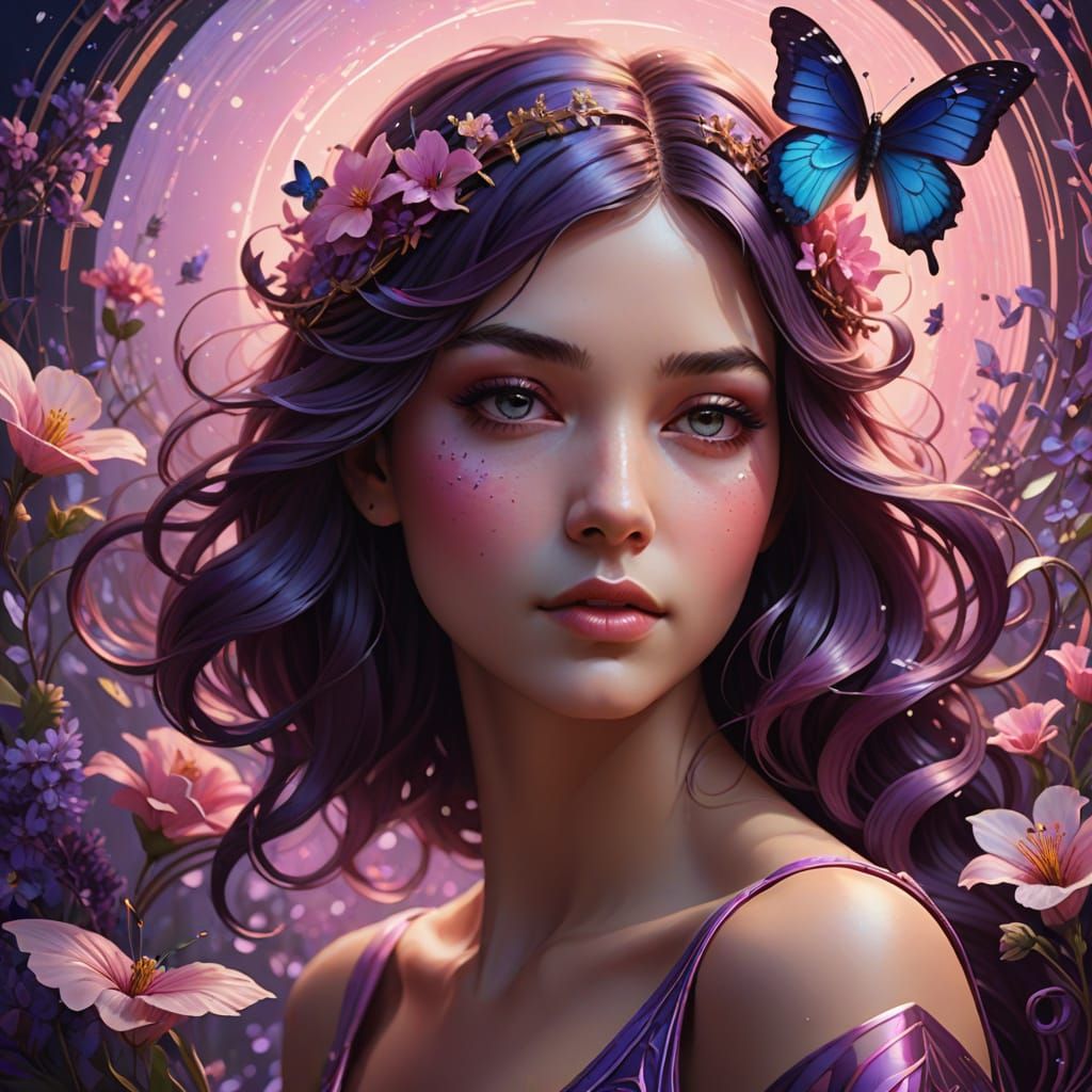 Ethereal Art Nouveau Nymph with Butterfly and Flowers