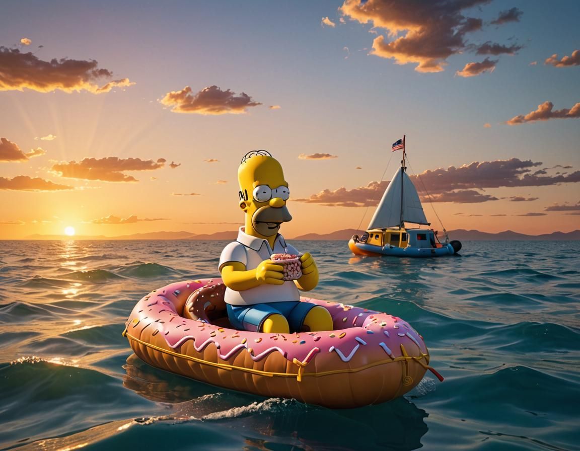 Homer Simpson's Sunset Donut Break: Hyperrealistic Rendering