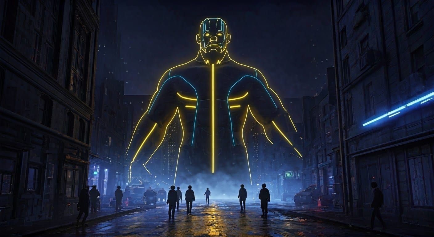 Sci-Fi Noir Riot Under Neon Statue