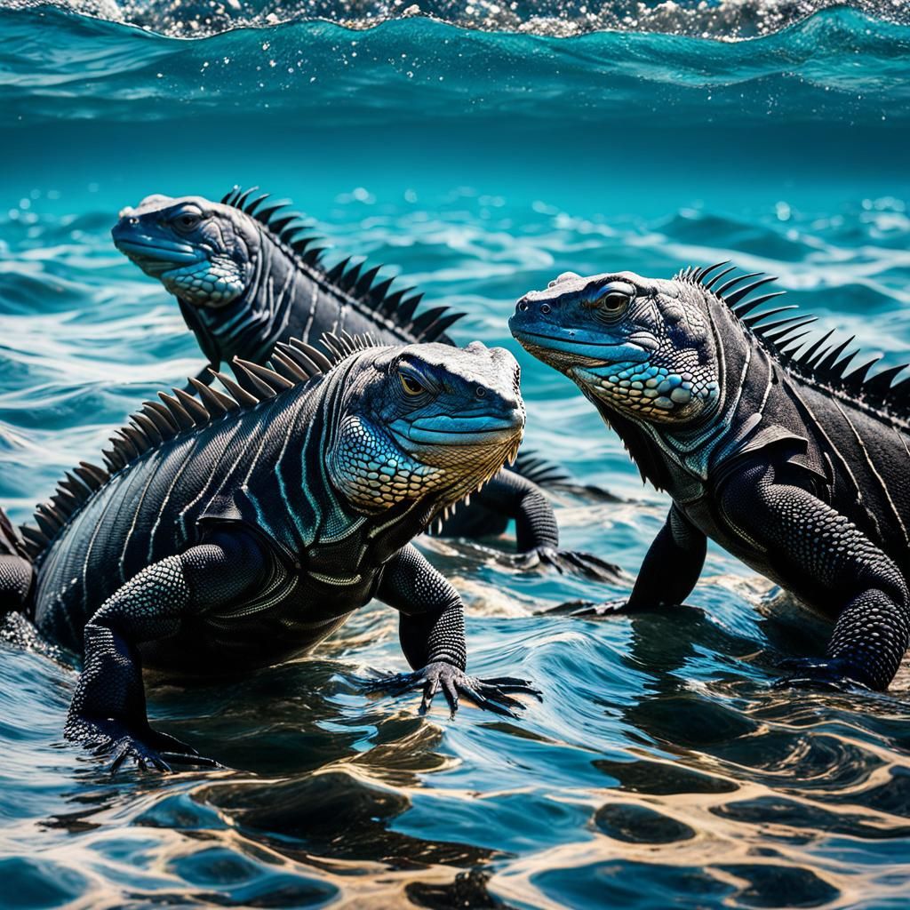 Galapagos Black Iguanas Swimming: Hyperrealistic 3D Render