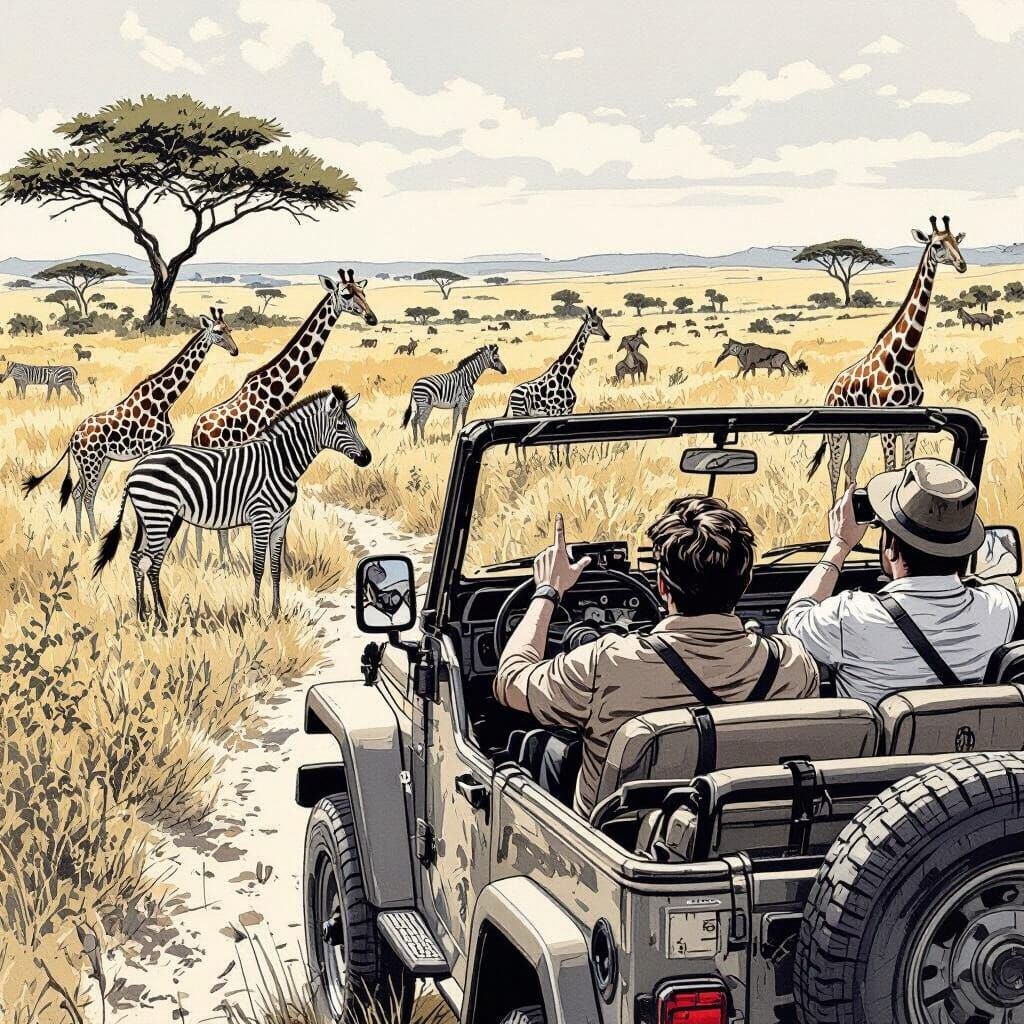 Wildlife Illustration: Tourists Observe Animals in Savanna