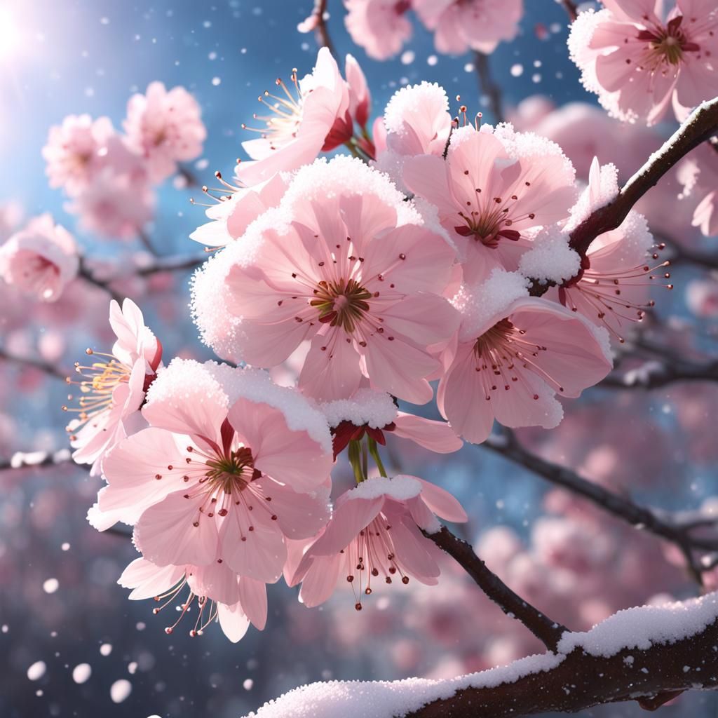 Anime Style Cherry Blossoms in Falling Snow