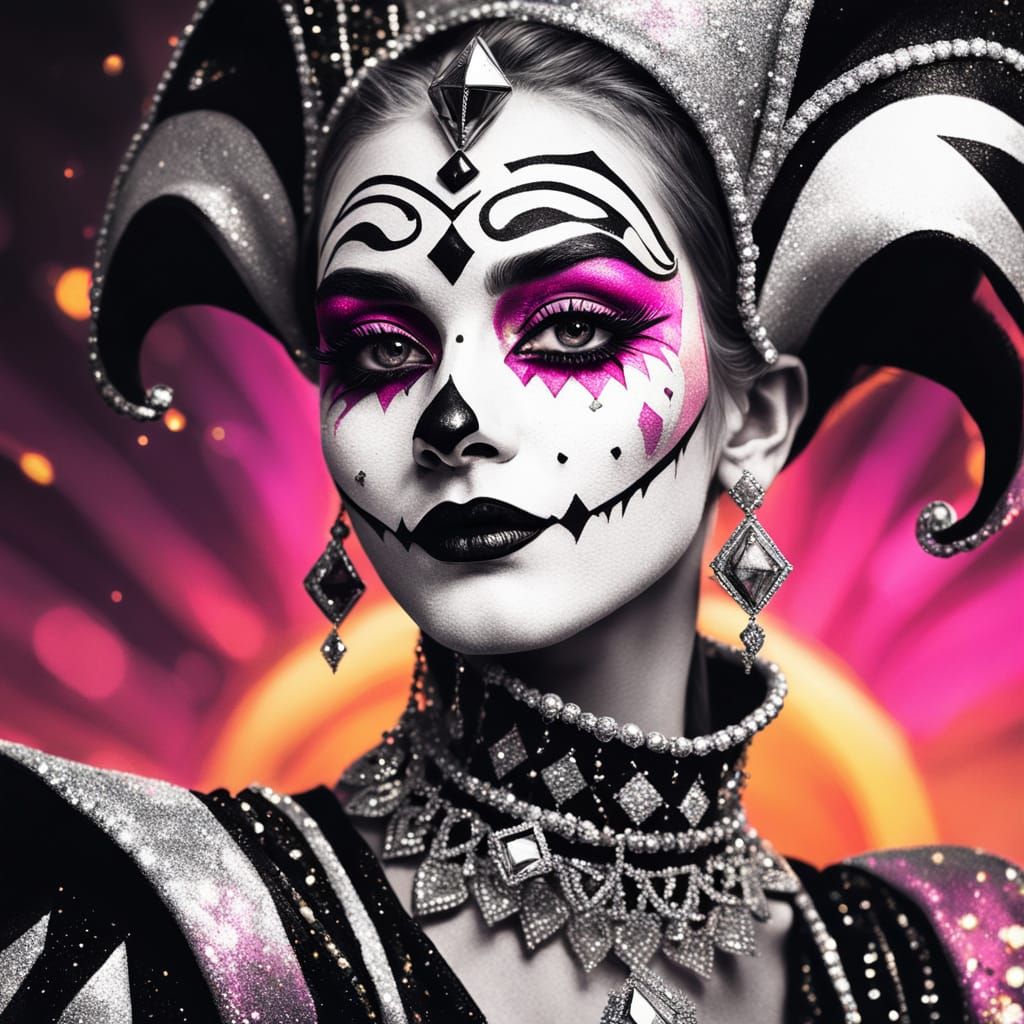 Woman Jester in Pop Art Style with Sunset Colors