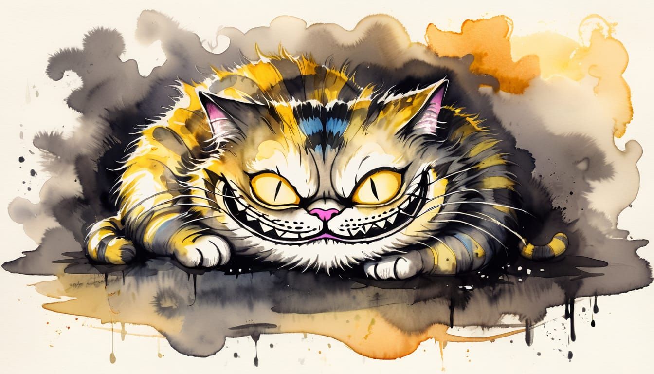 Surreal Cheshire Cat in Golden Hour, a Dreamlike Nightmare