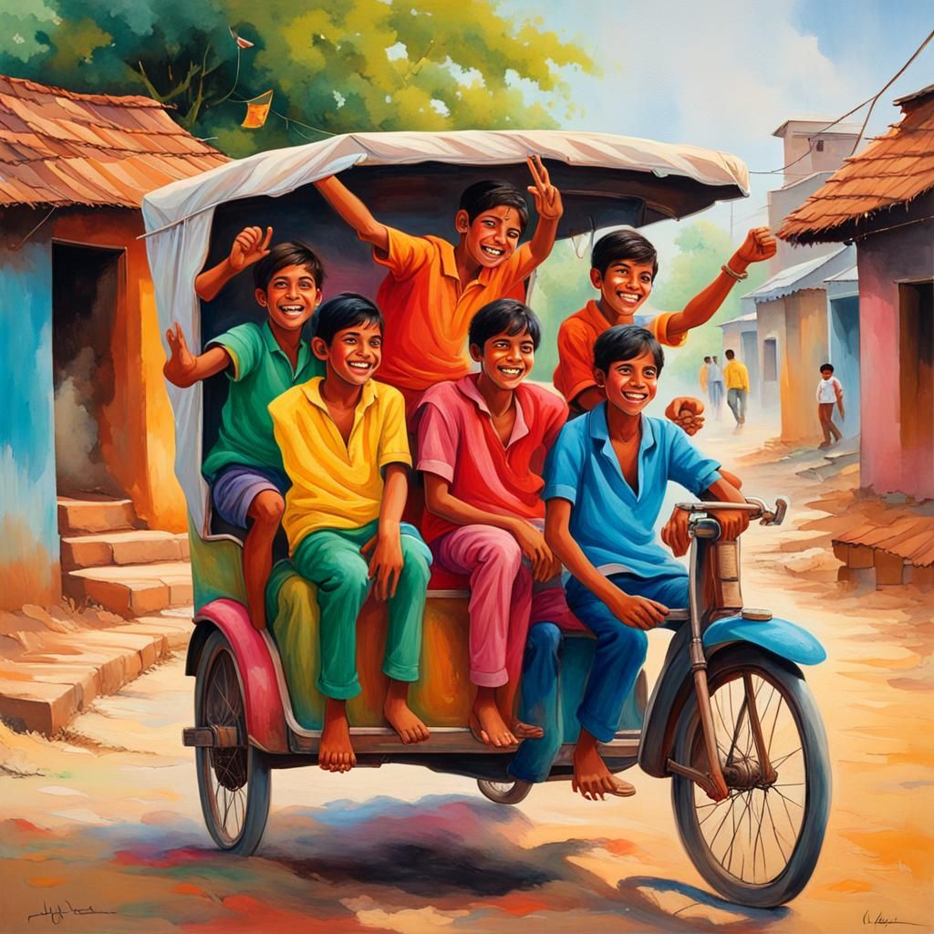 Indian Boys' Joyful Rickshaw Ride: A Matte Painting