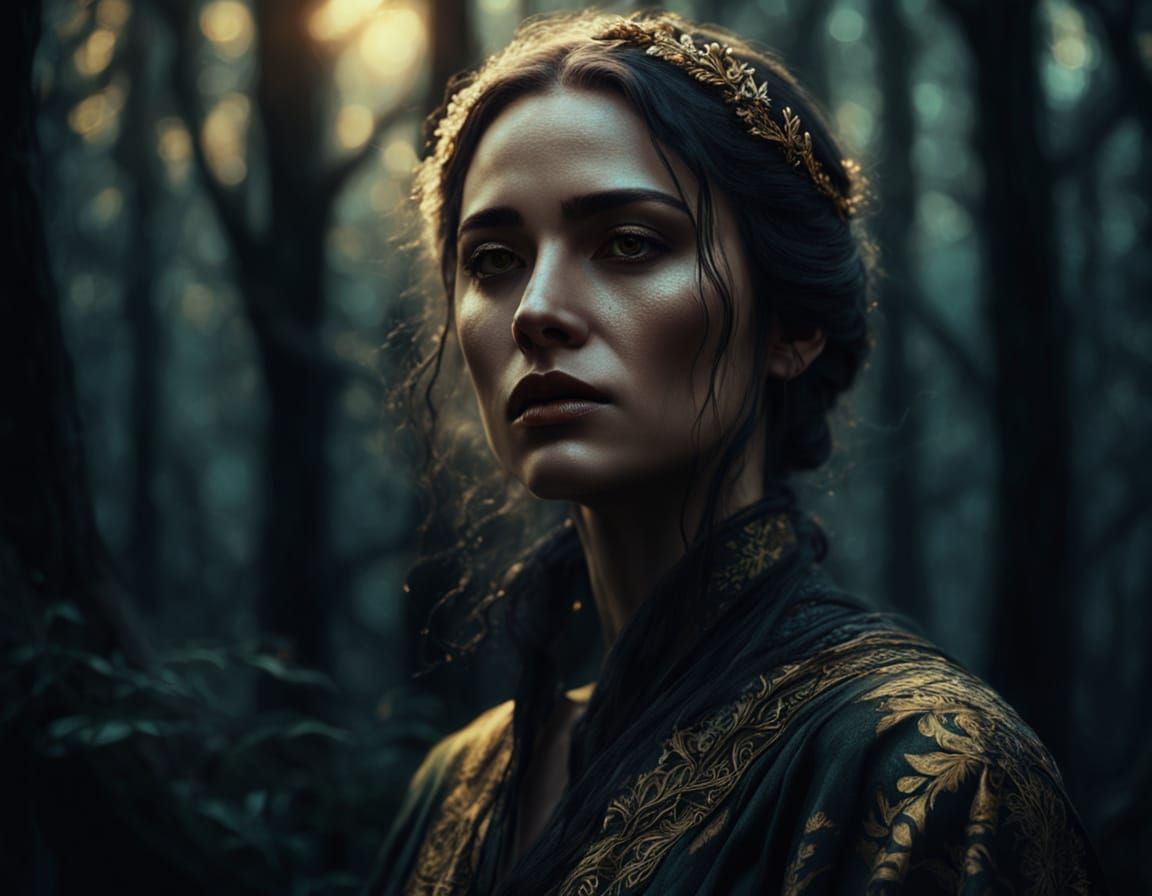 Enchanting Forest Queen in Moody Oil Painting Style