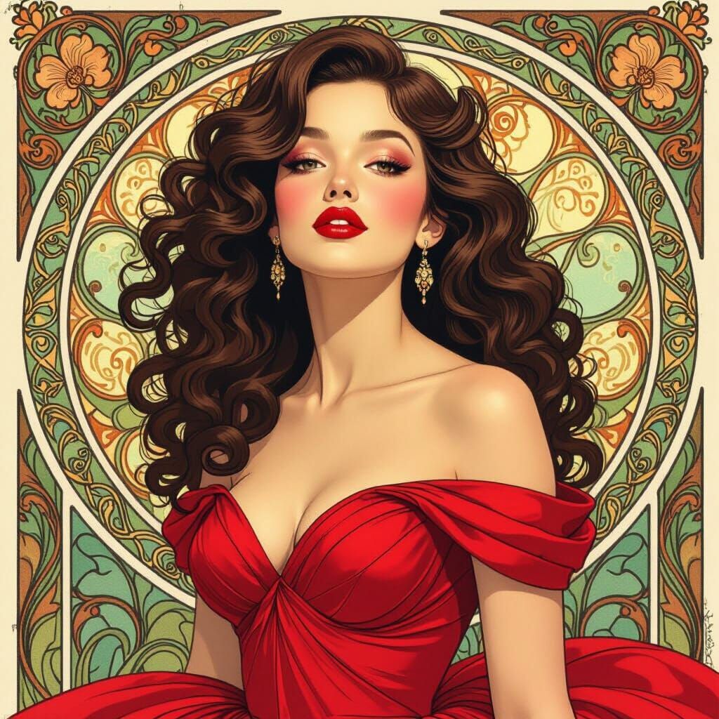 Woman with Pink Lipstick & Red Dress in Art Nouveau Style