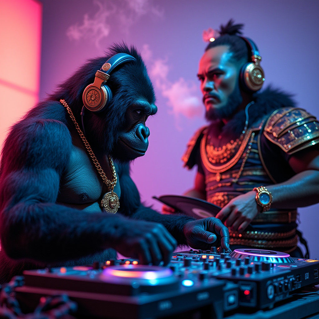 Gorilla and Lion Samurai Make Music in Neon Studio