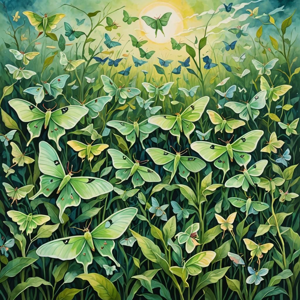 Luna Moths Gathering in Gouache Watercolor Style