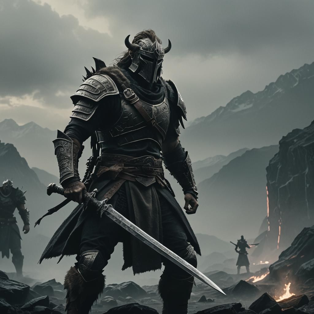 Heroic Dovahkiin in Dark Fantasy Film Still